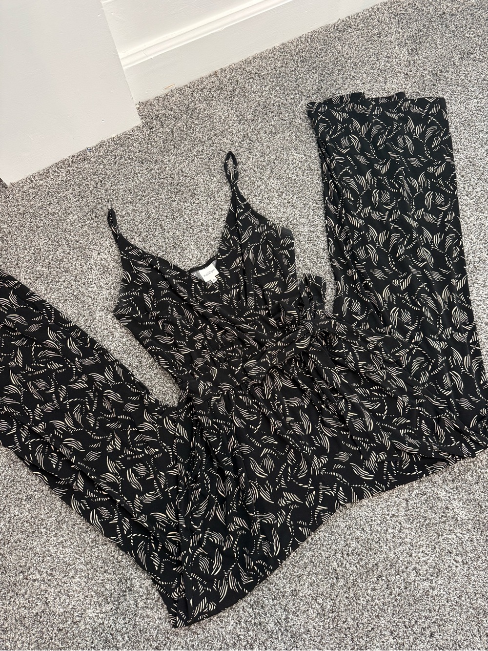 Kaileigh Black Jumpsuit with Cream Leaf Print
